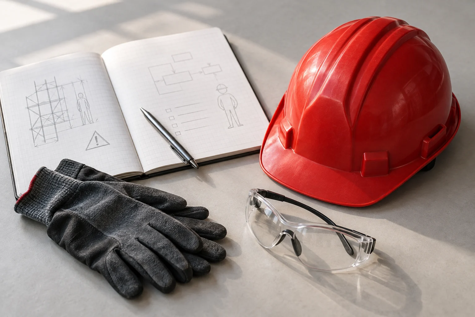 Notatki szkoleniowe, kask ochronny, okulary i rękawice robocze